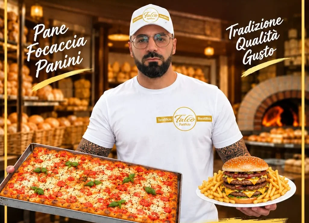 Il fornaio di Panificio Falco con una teglia di focaccia al pomodoro davanti al forno e agli scaffali di pane
