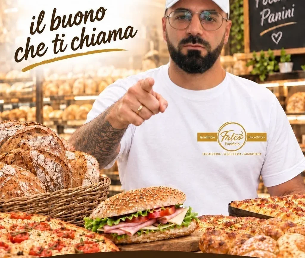 Il fornaio di Panificio Falco dietro al bancone pieno di pane, focacce e panini farciti indica chi guarda: il buono che ti chiama