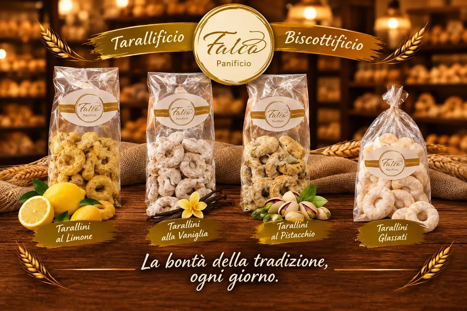 Tarallini di Panificio Falco in sacchetto: al limone, alla vaniglia, al pistacchio e glassati