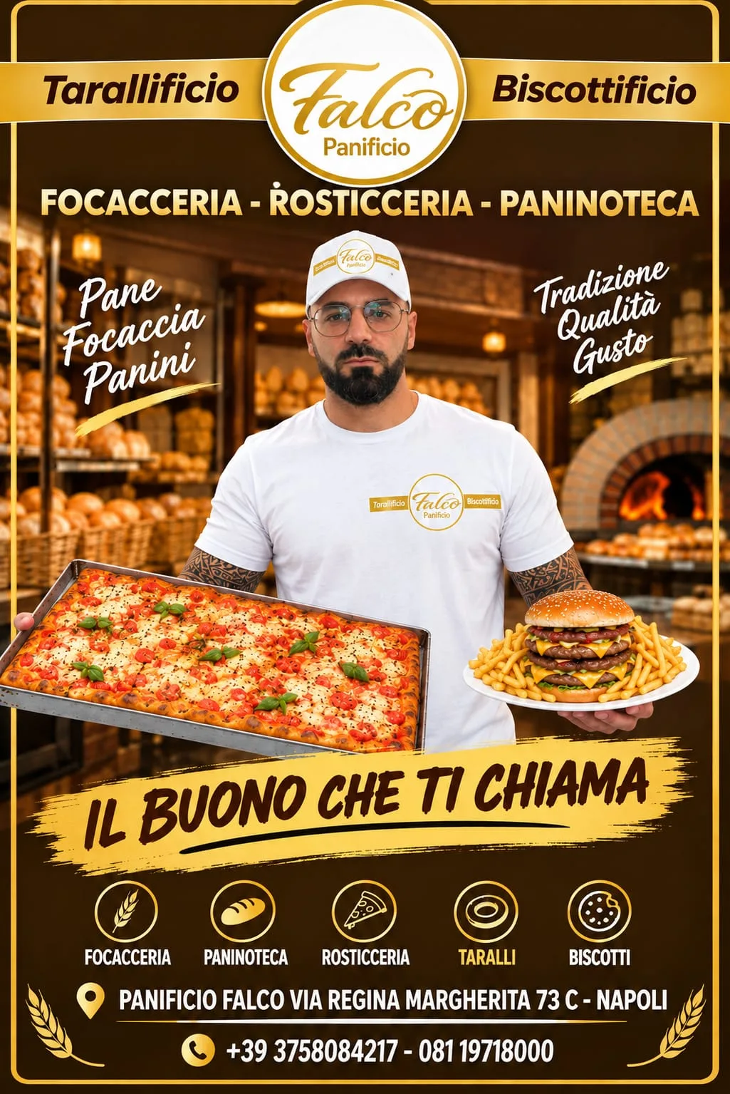 Manifesto di Panificio Falco: il fornaio con una teglia di focaccia davanti al forno, con indirizzo Via Regina Margherita 73 C Napoli e i telefoni