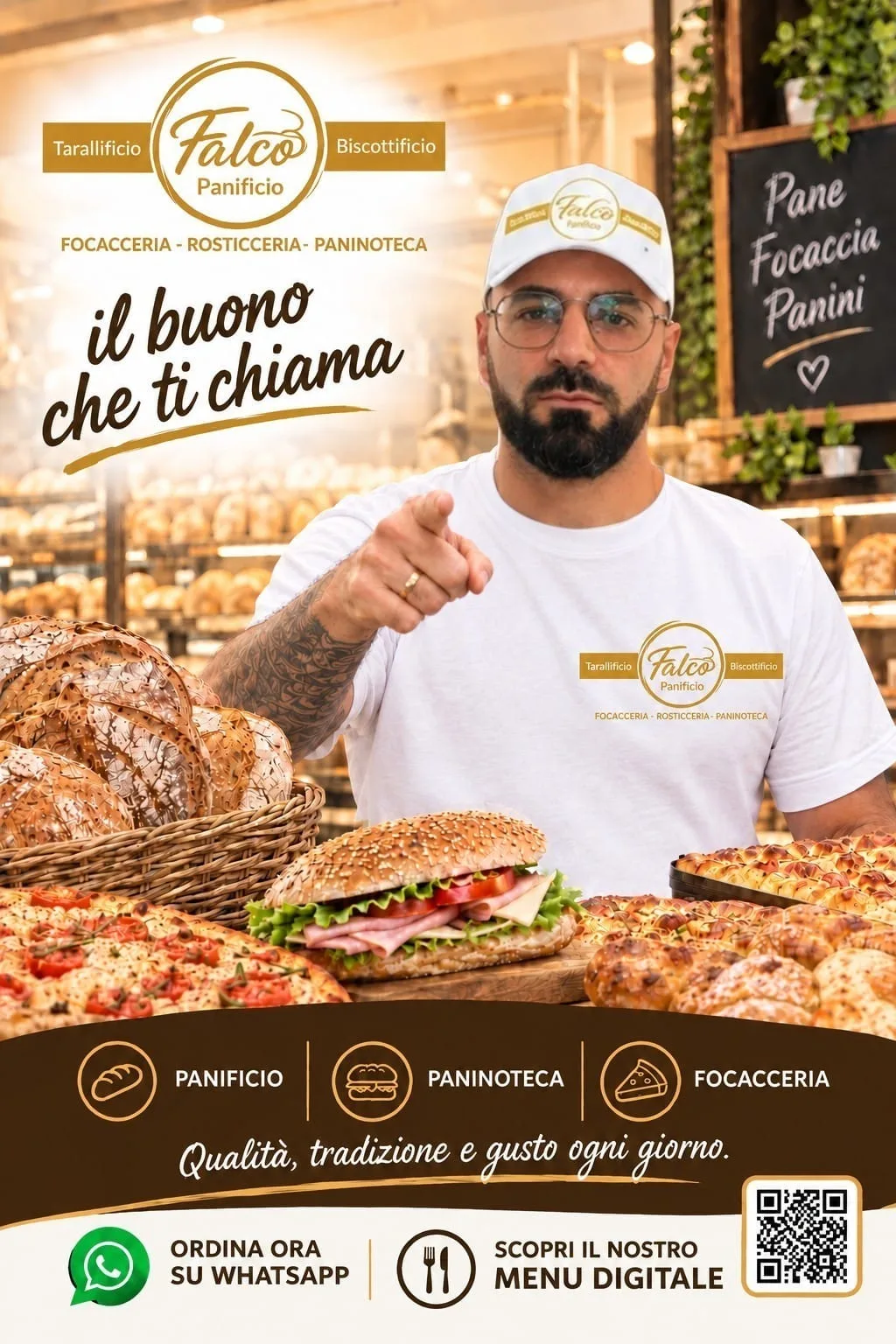 Manifesto di Panificio Falco: il fornaio indica chi guarda davanti al bancone di pane, focacce e panini, con la scritta il buono che ti chiama e i banchi panificio, paninoteca e focacceria